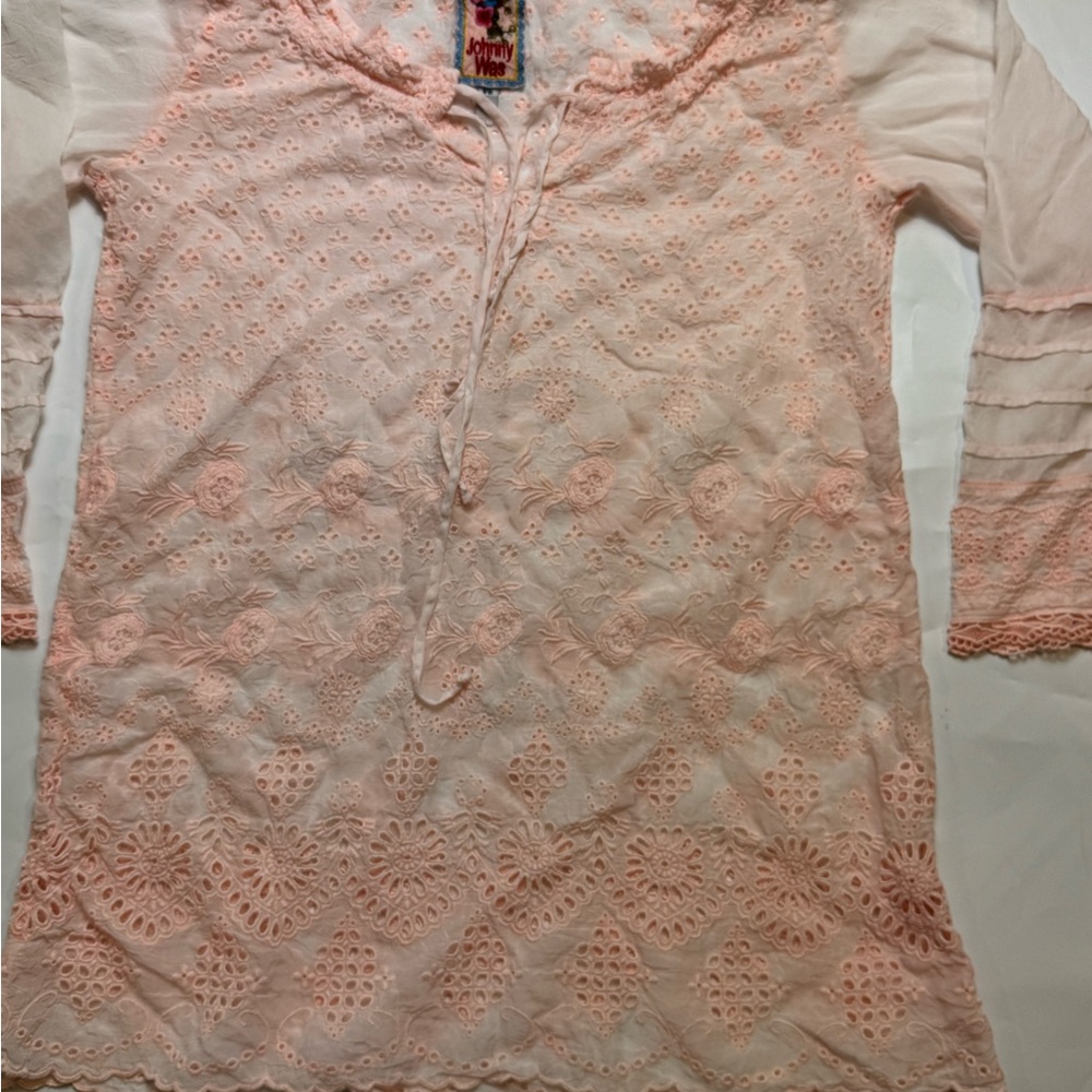 Johnny Was Peach Eyelet Embroidered Blouse